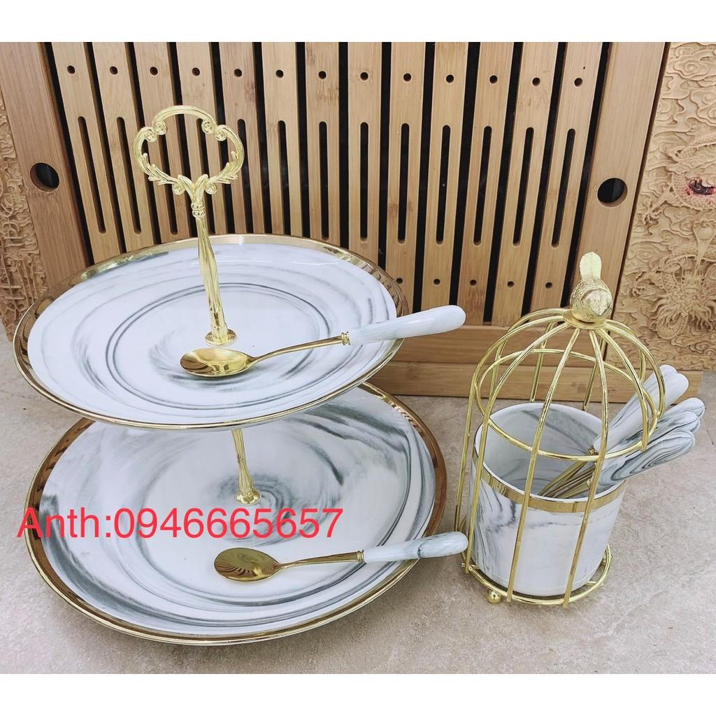 COMBO KHAY ĐỰNG MỨT TẾT BÁNH KẸO HOA QUẢ 2 TẦNG SỨ TRẮNG VÂN XÁM KÈM GIỎ VÀ 6 THÌA