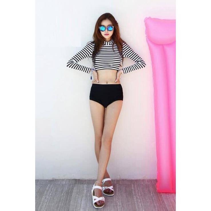 freeship Đồ bơi Bikini 2 mảnh kẻ ngang sọc đen trắng kín đáo mặc đi biển đi bơi ( Hàng loại 1)