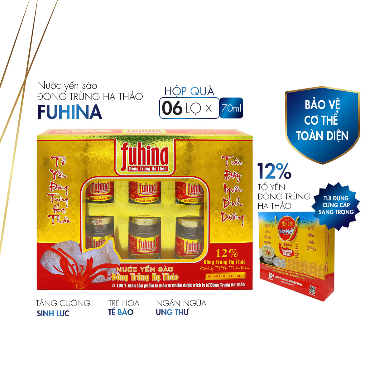 [Hộp Quà - 6 lọ x 70ml] Nước yến sào Đông Trùng Hạ Thảo FUHINA 12%, không chất bảo quản, Tăng cường sinh lực và phục hồi sức khỏe người bệnh