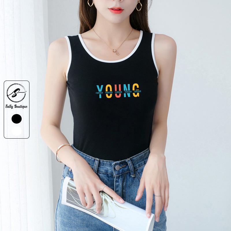 Áo Thun 3 Lỗ Nữ Phối Viền Màu In Chữ Young, Áo Mặc Nhà,Tập Thể Dục Thun Cotton Co Giãn Tốt Sally Boutique-3L05