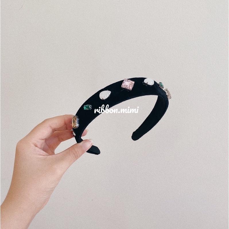 Băng Đô Cài Tóc Bản To Đính Hạt Handmade Vải Nhung Đen Cao Cấp Ribbon.mimi Cài Tóc