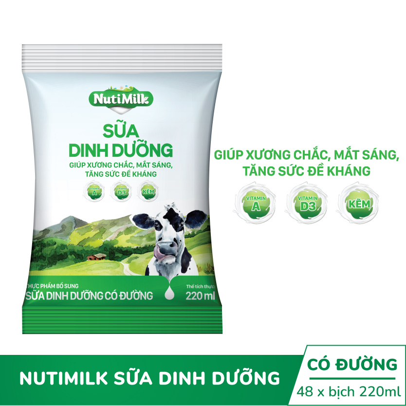Thùng 48 bịch Nutimilk Sữa dinh dưỡng Có đường 220ml