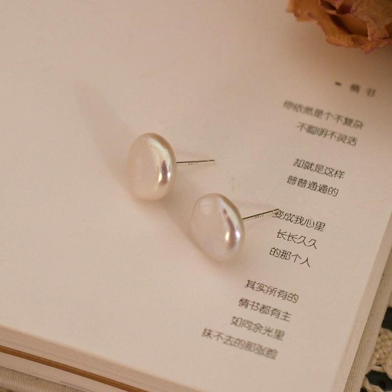 Bông Tai Bạc Ngọc Trai Nước Ngọt Tự Nhiên Size Hạt 12 Ly Hạt Dẹt Màu Trắng - Trường Thịnh Ngọc Trai