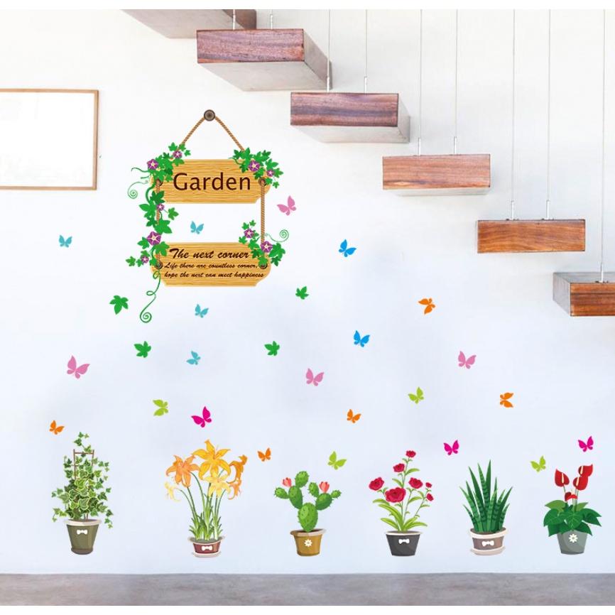 Decal dán tường trang trí - KỆ CHẬU CÂY HOA LÁ CÀNH SẮC NÉT NHIỀU MẪU
