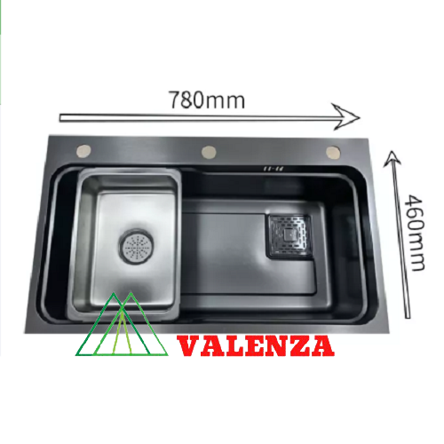 Combo chậu rửa chén bát 1 hố lớn Valenza size 7846 sus304 nano đen kháng khuẩn kèm vòi rửa bát rút dây Valenza sus304, bộ xả to ngăn mùi, khay inox kín-TẶNG BÌNH NƯỚC RỬA CHÉN