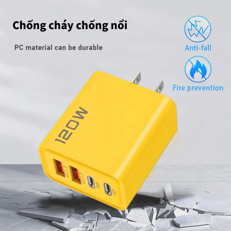 Củ Sạc Nhanh 120w đa năng gồm 2 cổng Type-C và 2 cổng USB, tặng kèm cáp 1 sạc Type C - Hàng nhập khẩu