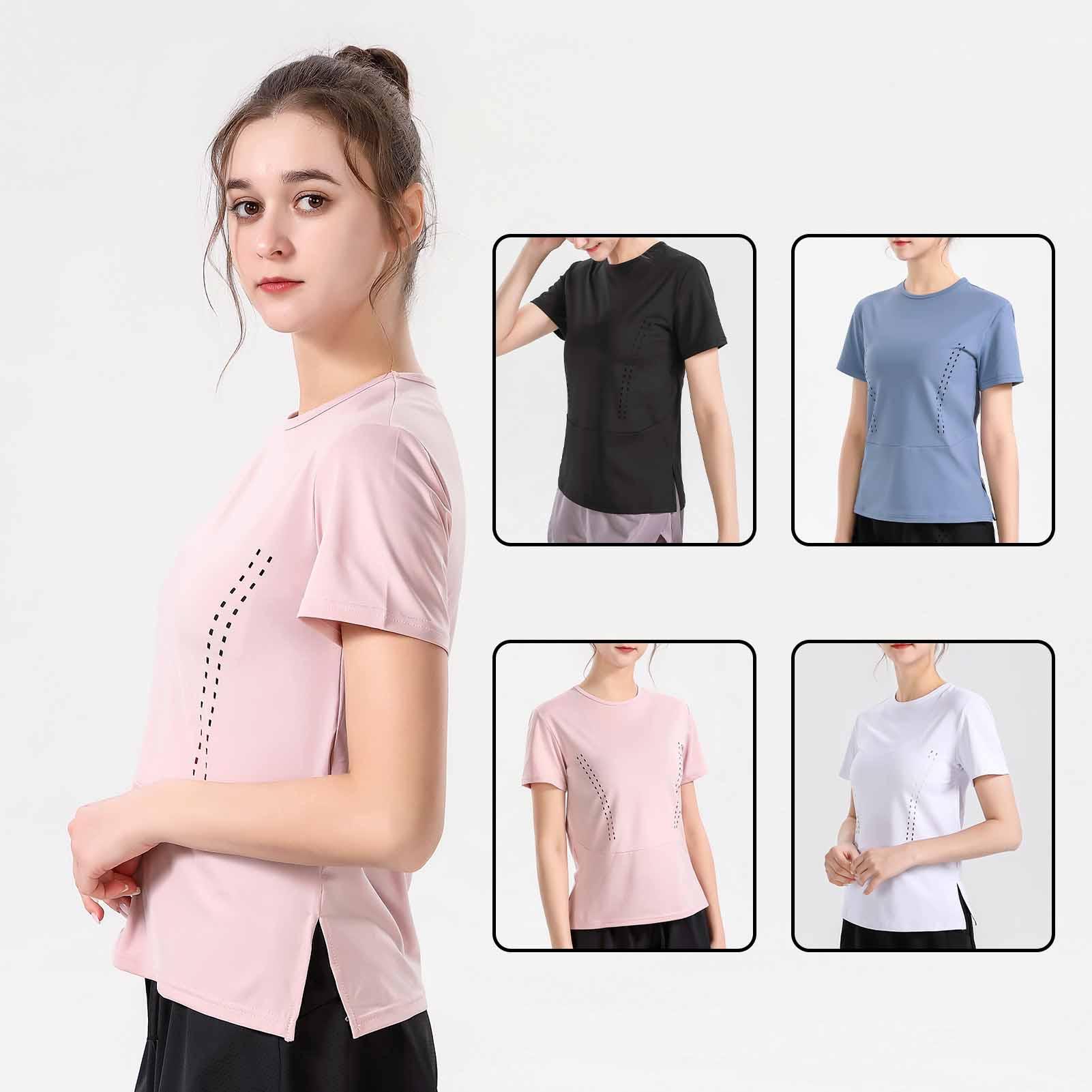 Áo thun nữ cổ chữ O ngắn tay thiết kế đường lỗ thoáng khí 2 bên, áo thun thể thao tập yoga, gym