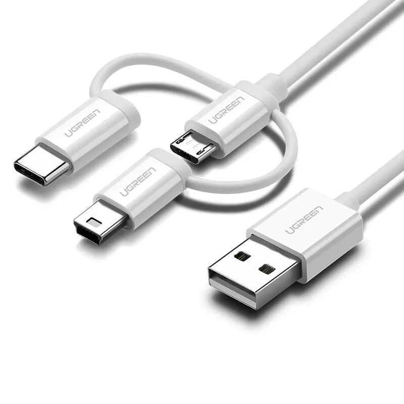 Cáp USB-A sang Micro USB + Mini USB + USB-C cao cấp 1M màu Bạc Ugreen UC40767US185 Hàng chính hãng