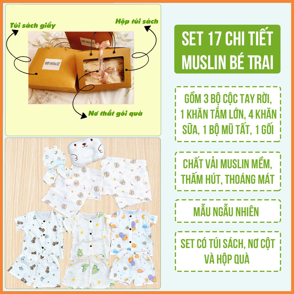 Set Quà Tặng Sơ Sinh Đầy Tháng Chất Muslin 17 Chi Tiết NB House Kids Cho Bé Trai Và Bé Gái