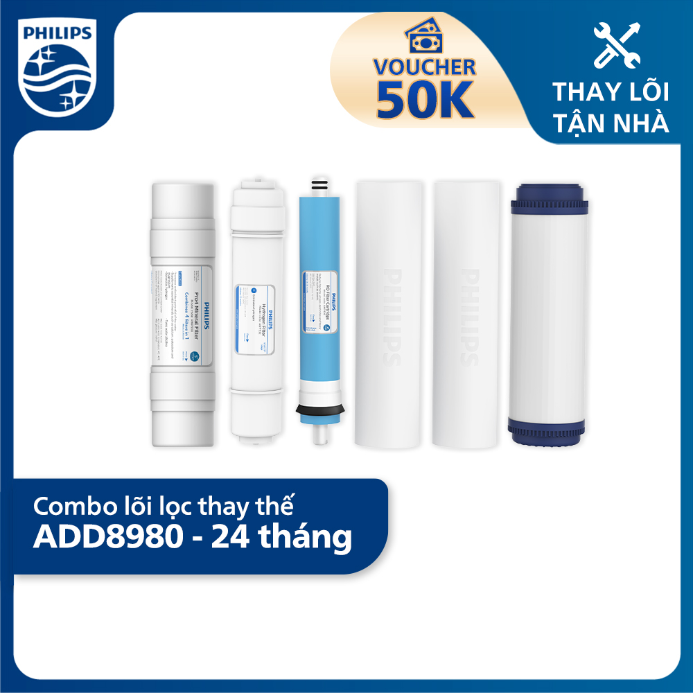 Bộ lõi lọc thay thế cho máy lọc nước NÓNG/LẠNH RO Philips ADD8980 - Combo 24 tháng