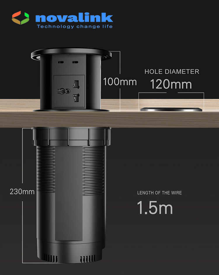 Ổ điện nâng hạ thông minh lắp âm bàn đảo Novalink KA-01, tích hợp sạc không dây - Hàng nhập khẩu chính hãng