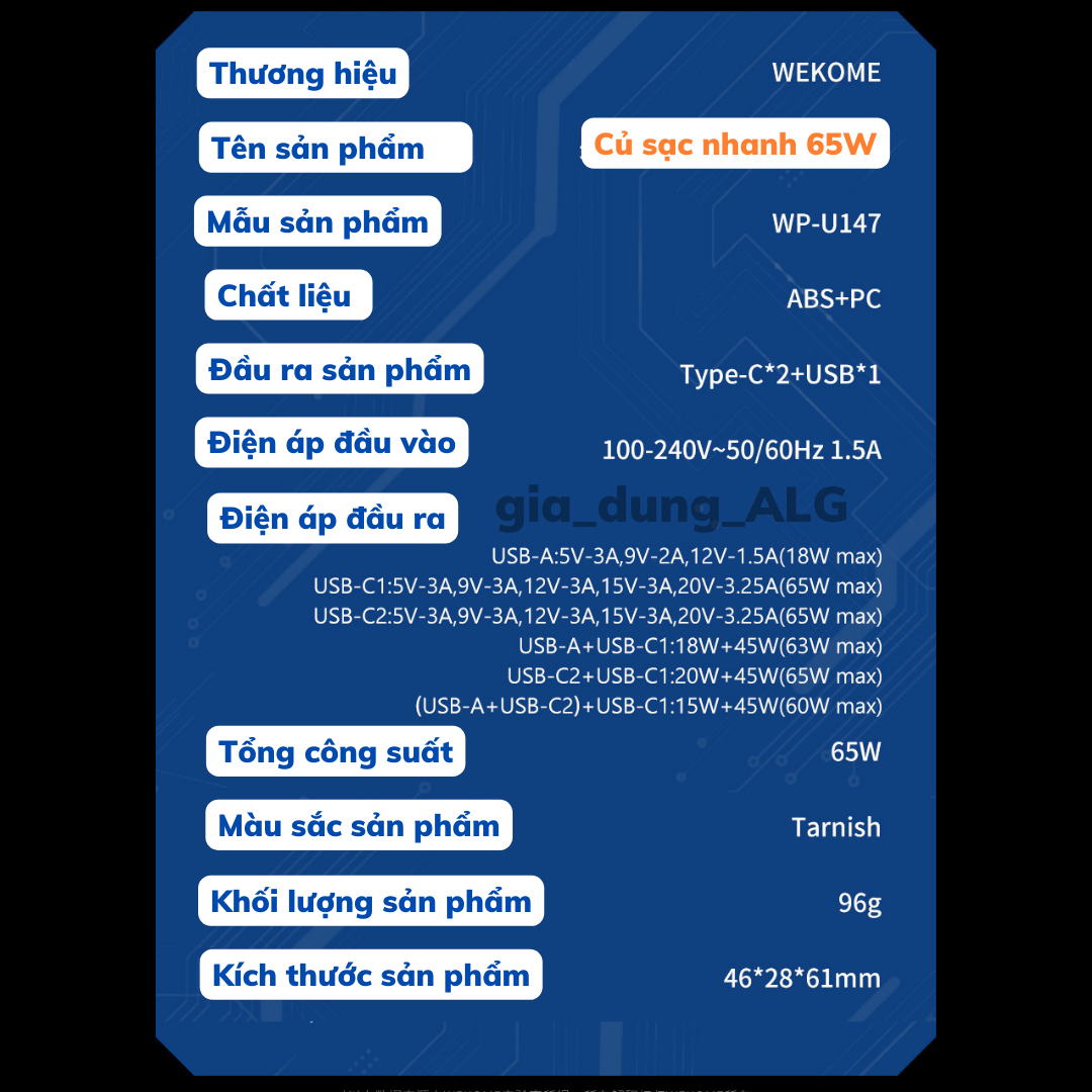 Bộ Củ Sạc Nhanh 65W WEKOME WP-U147 2 cổng TYPE-C và 1 cổng USB-A hỗ trợ sạc nhanh cho laptop, máy tính bảng, điện thoại