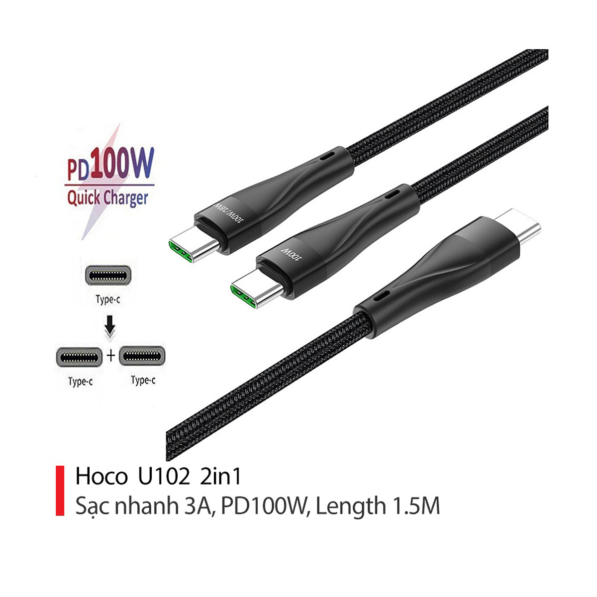 Cáp sạc 100W Hoco U102 Type-C sang Type-C và Type-C vải dù siêu bền dài 1.5M cho Android - Hàng chính hãng