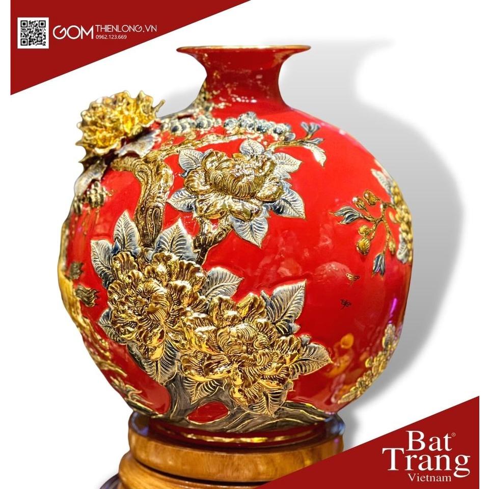 Bình Hút Lộc Mã Đáo Thành Công Màu Đỏ - Vẽ Vàng Đắp Nổi Hàng Kỹ - Bình Hút Tài Lộc Bát Tràng - Gốm Thiên Long