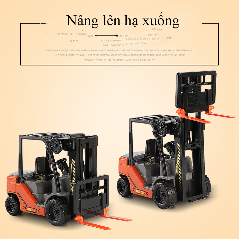 Đồ chơi mô hình xe nâng hàng chaỵ đà tỷ lệ 1:12 kèm kệ kê hàng, 2 thùng và công nhân