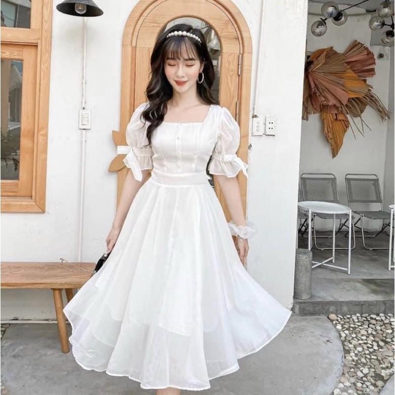 ĐẦM TAY NGẮN BUỘC NƠ TRẮNG, HỒNG XINH XẮN