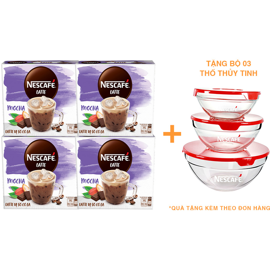 Combo 4 hộp cà phê hòa tan Nescafé Latte vị sô cô la (Hộp 10 gói x 24g) - [Tặng bộ 3 thố thuỷ tinh Nescafé]