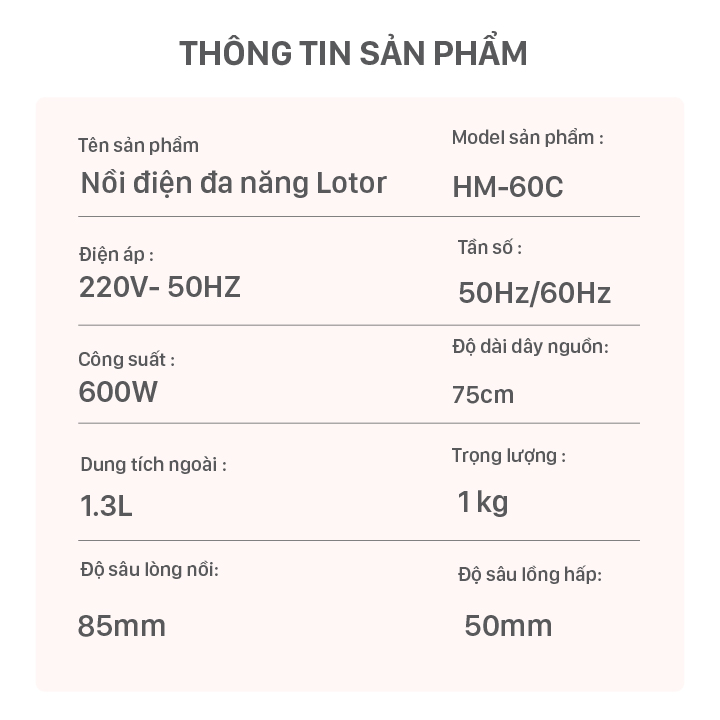 Nồi Điện Đa Năng Lotor HM-60C (1,3L) - Hàng Chính Hãng