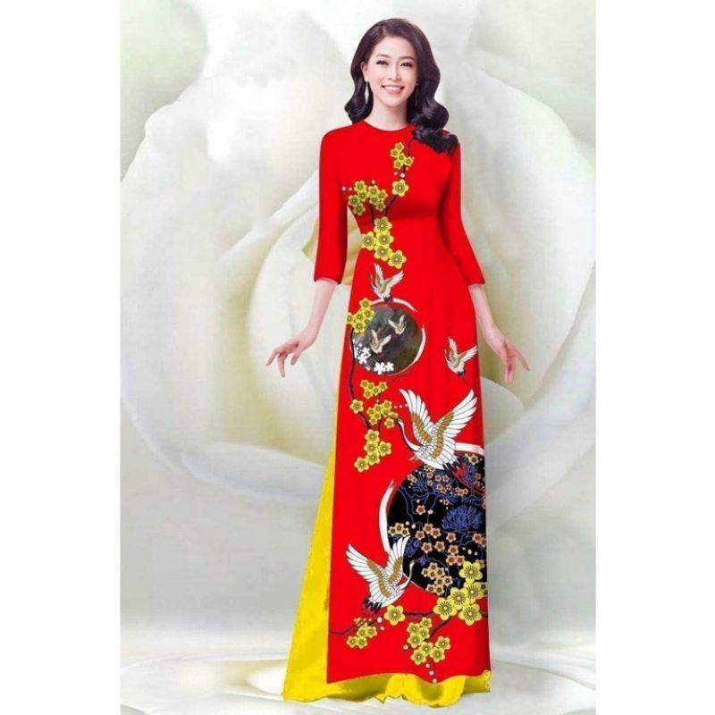 SÉT ÁO DÀI LỤA HỌA TIẾT MAI HẠC