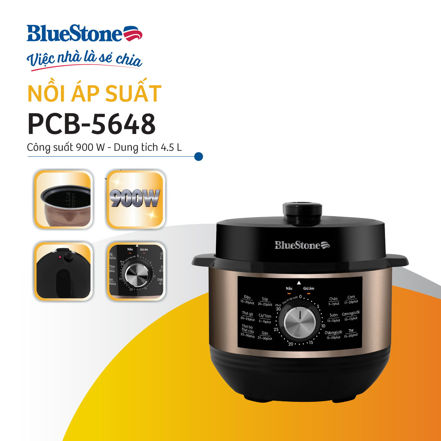 Nồi Áp Suất BlueStone PCB-5648 - 4,5 lít - 900W - Bảng điều khiển cơ - Bảo hành 2 năm - Hàng chính hãng