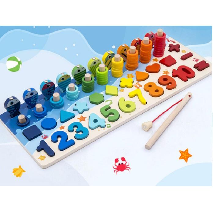 Đồ chơi Bảng chữ cái, đếm các chữ số, 10 bậc thang, thả hình kèm câu cá 6 in1, 5 in 1 và 4in 1 đồ chơi bằng gỗ
