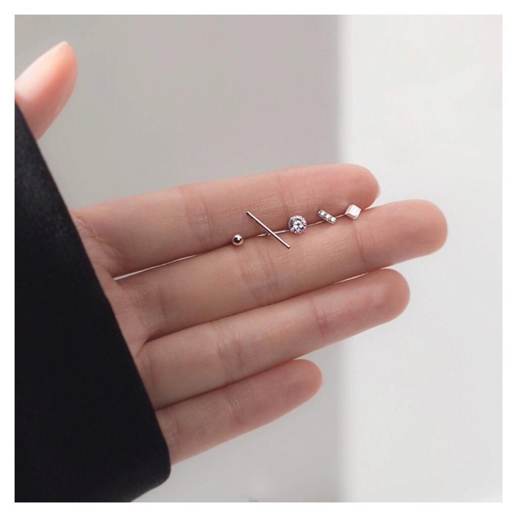 Set 5 khuyên tai nữ cá tính bạc 925 Pansy Store, bông tai nhỏ đính đá