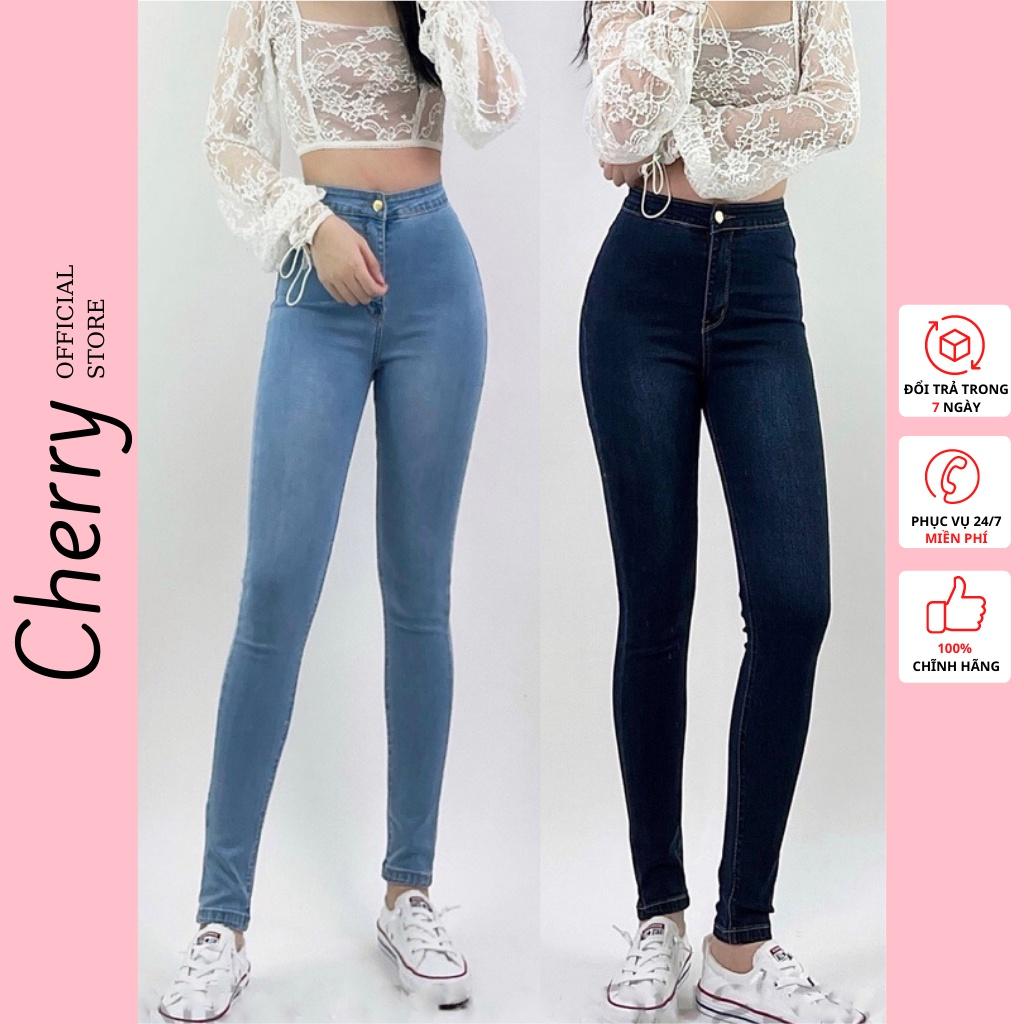 Quần bò nữ lưng cao co giãn không túi CHERRY, Quần jean cạp cao bigsize skinny jeans dáng ôm trơn dài T021