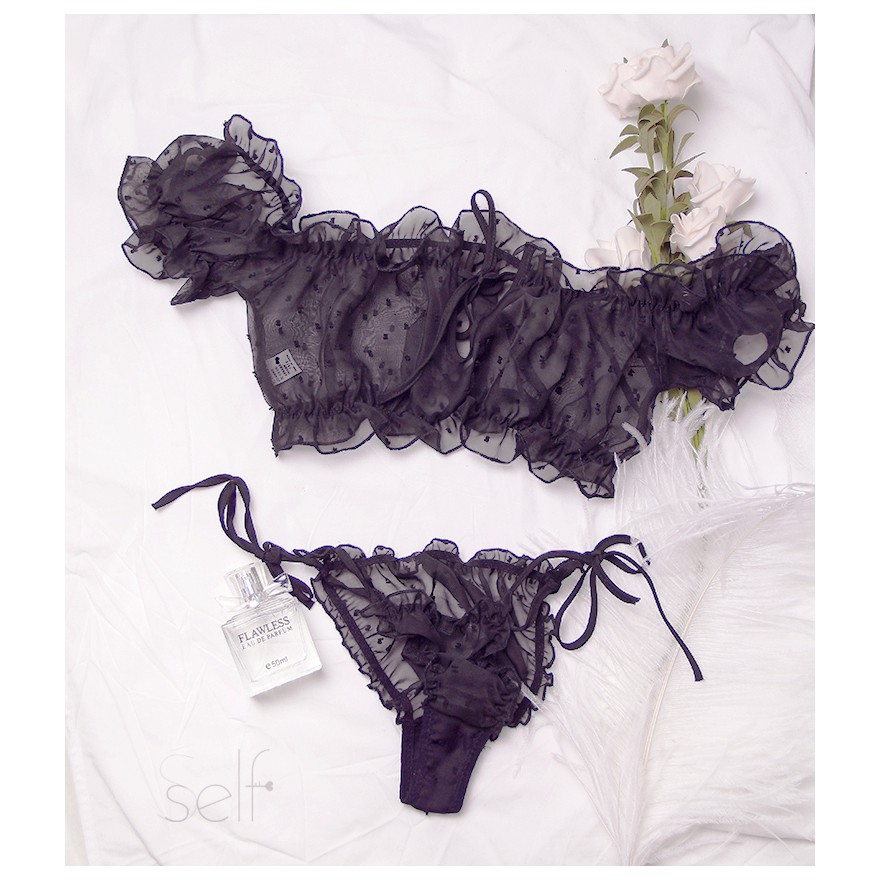 Bộ đồ lót ren sexy cao cấp xuyên thấu 2 món màu đen - Tặng kèm miếng dán ngực - TADA