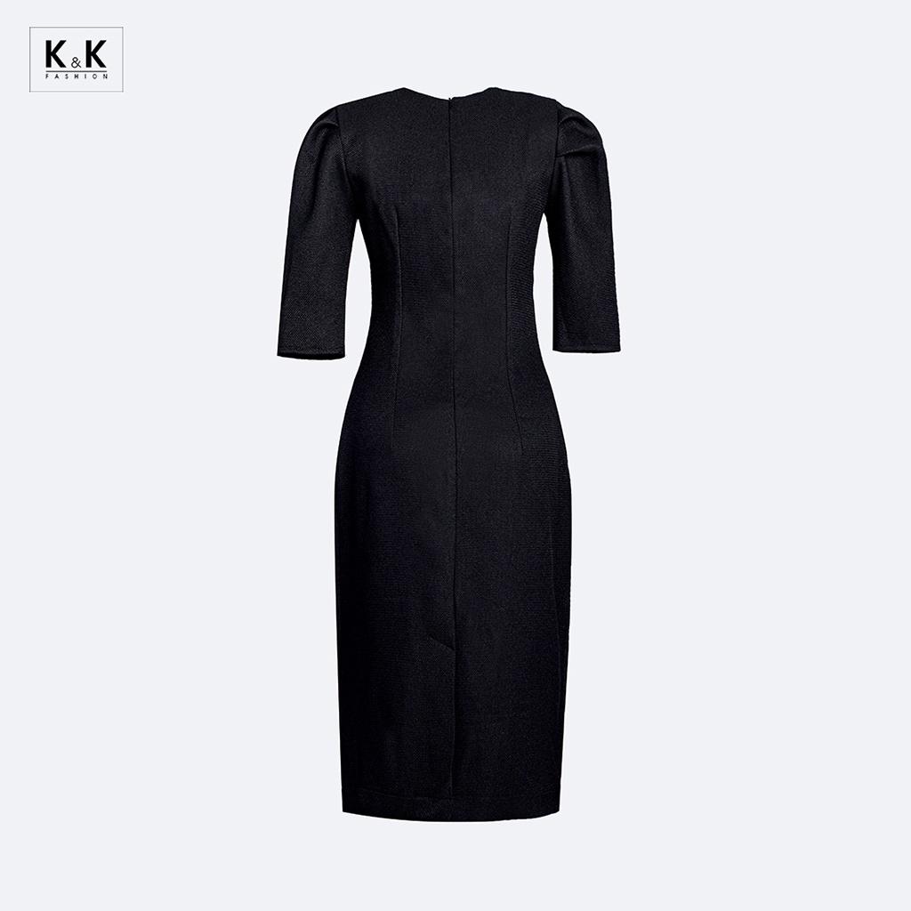 Đầm Đen Ôm Body Tay Lỡ Cổ Tim K&amp;K Fashion KK140-24 Chất Liệu Cát Thái