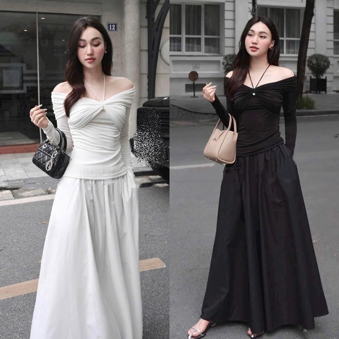 ĐẦM SET ÁO CROPTOP THUN TRỄ VAI 2 DÂY YẾM ÔM BODY + CHÂN VÁY DÀI LƯNG CAO MIDI XÒE CHỮ A ĐI TIỆC NOEL GIÁNG SINH ĐI CHƠI DẠO PHỐ ĐI BIỂN