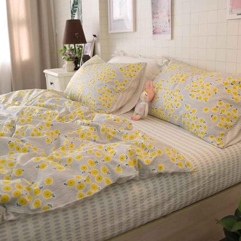 Bộ chăn ga gối phong cách Hàn Quốc hoa mai vàng bo chun đủ kích thước