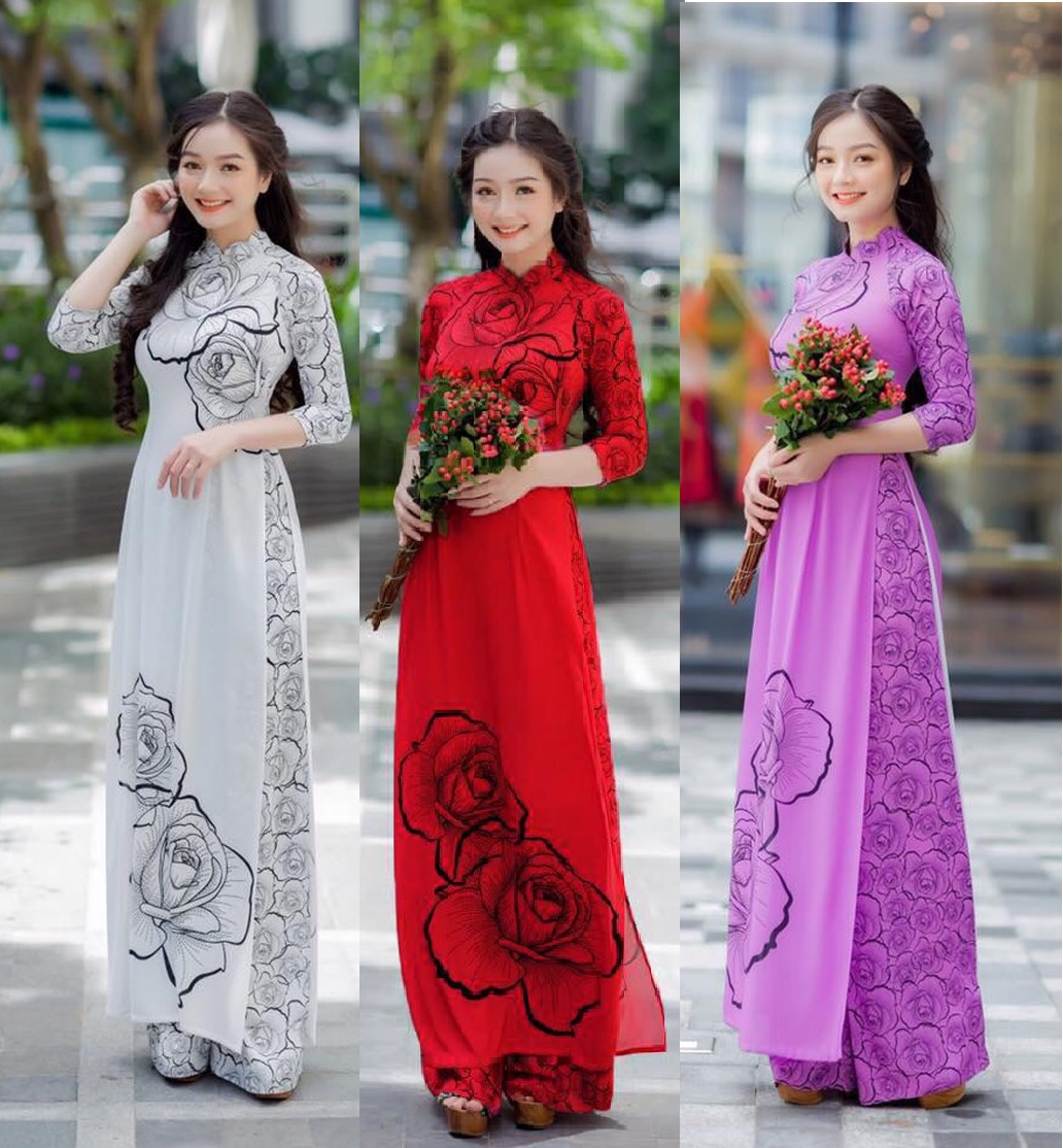 Set áo dài truyền thống họa tiết hoa hồng