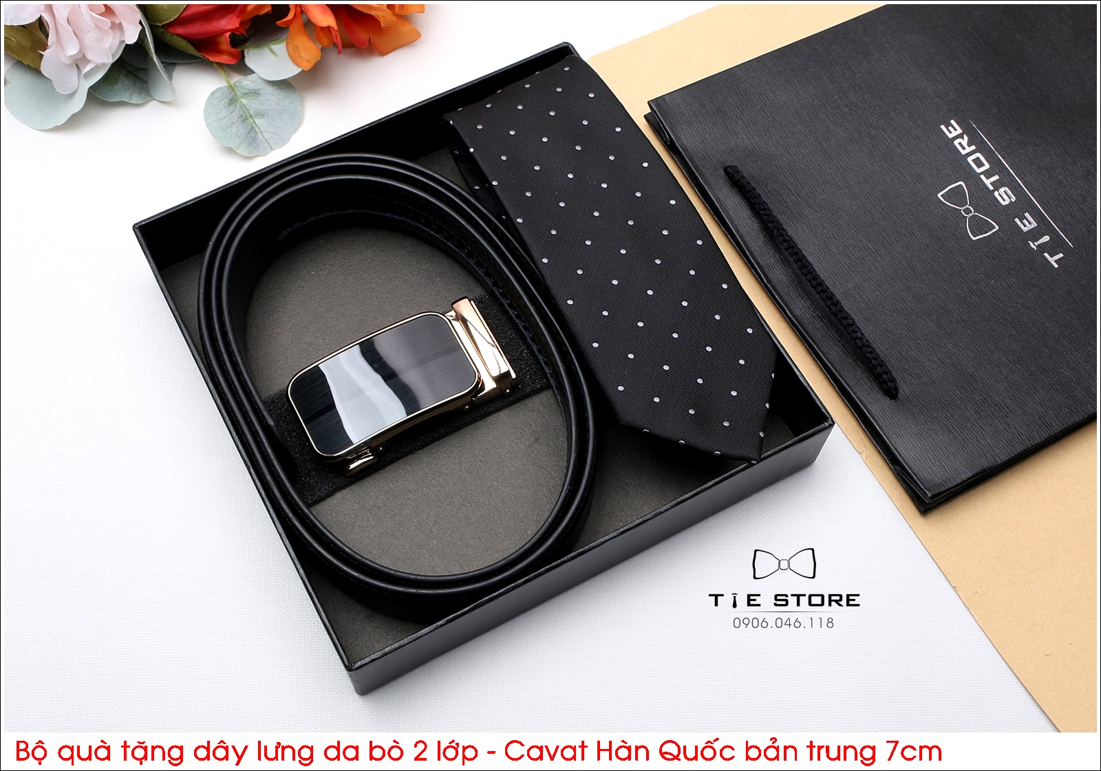 Bộ quà tặng thầy, tặng người thân, tặng sếp, Dây lưng da bò 2 lớp - Cavat hàn quốc bản trung 7cm - Full box MS2