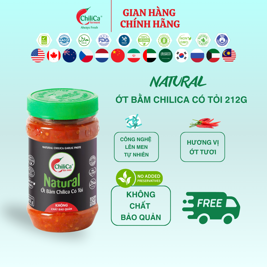 [KHÔNG CBQ] Natural Ớt Bằm ChiliCa Có Tỏi 212g - Lên Men Tự Nhiên; Không Chất Điều Vị, Hương Liệu
