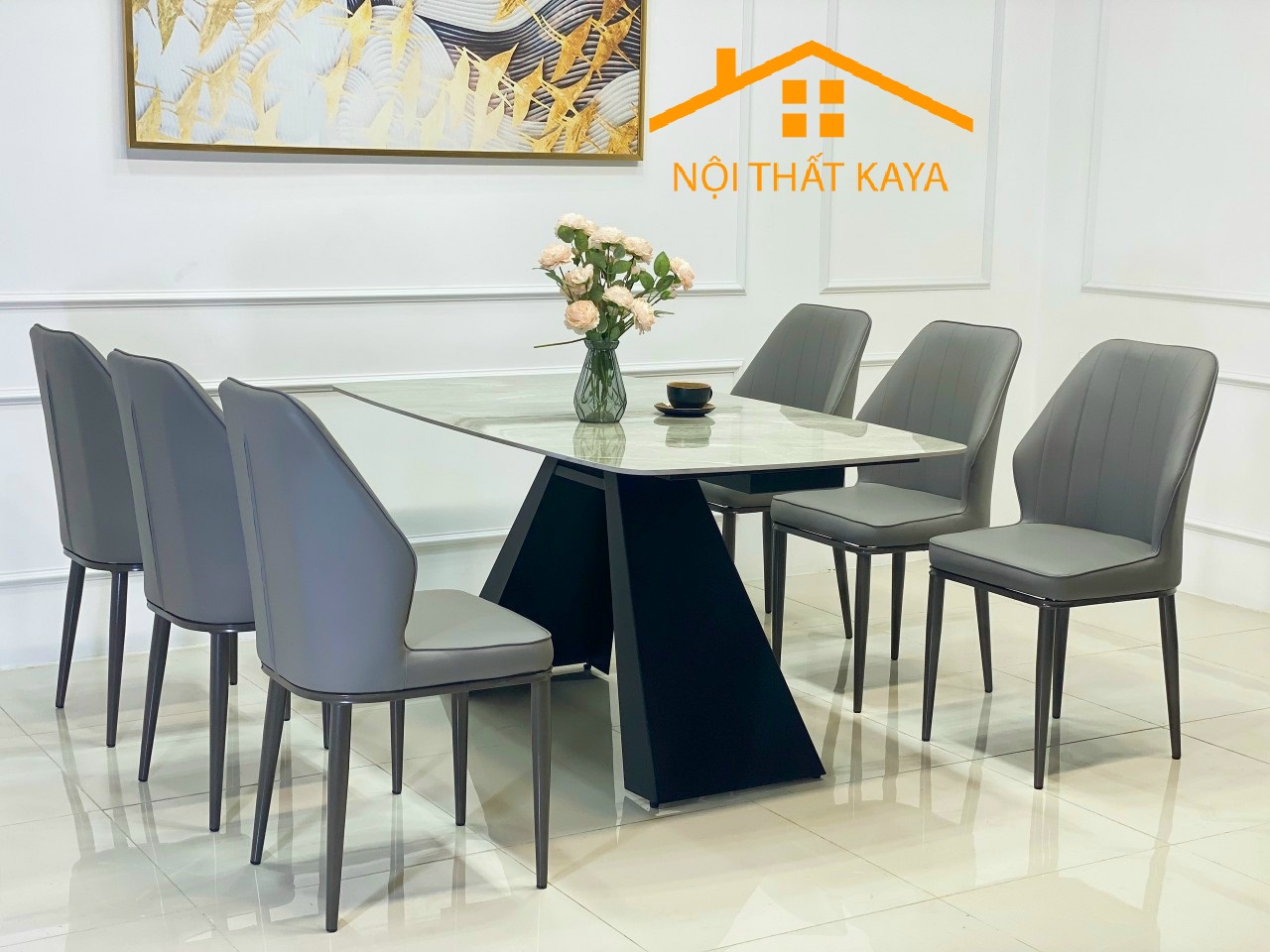 Bộ Bàn Mặt Đá Ceramic 6 Ghế Nhập Khẩu Chân A 1m6 – KY-GH33