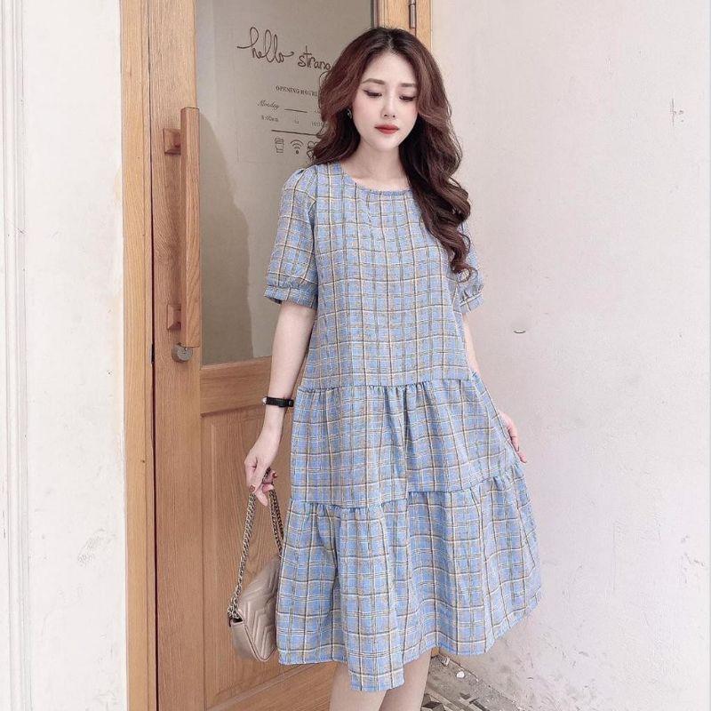 Váy bầu thời trang thiết kế kẻ caro  chất Cotton thô freesize từ 45 đến 70kg