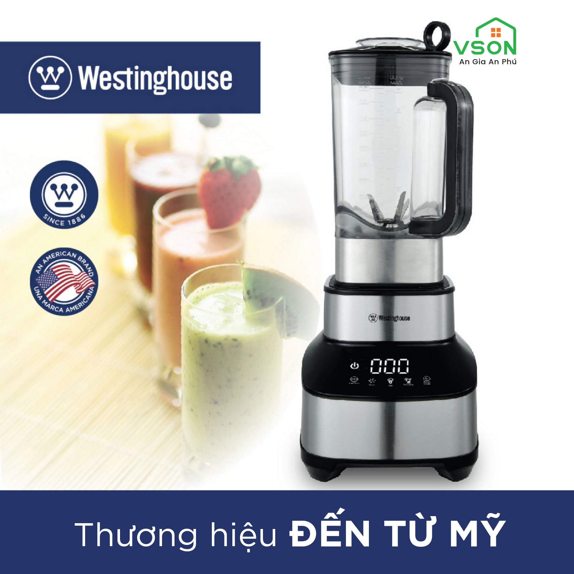 Máy xay sinh tố WestingHouse WKBE688 Màn hình cảm ứng Công suất 1600W Dung tích 1.8L  - 8 tốc độ, lưỡi xay thép không gỉ - Hàng chính hãng Mỹ