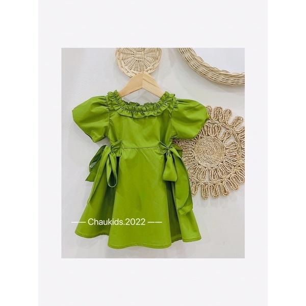 Váy xanh lá nơ buộc eo cổ bèo cho bé gái