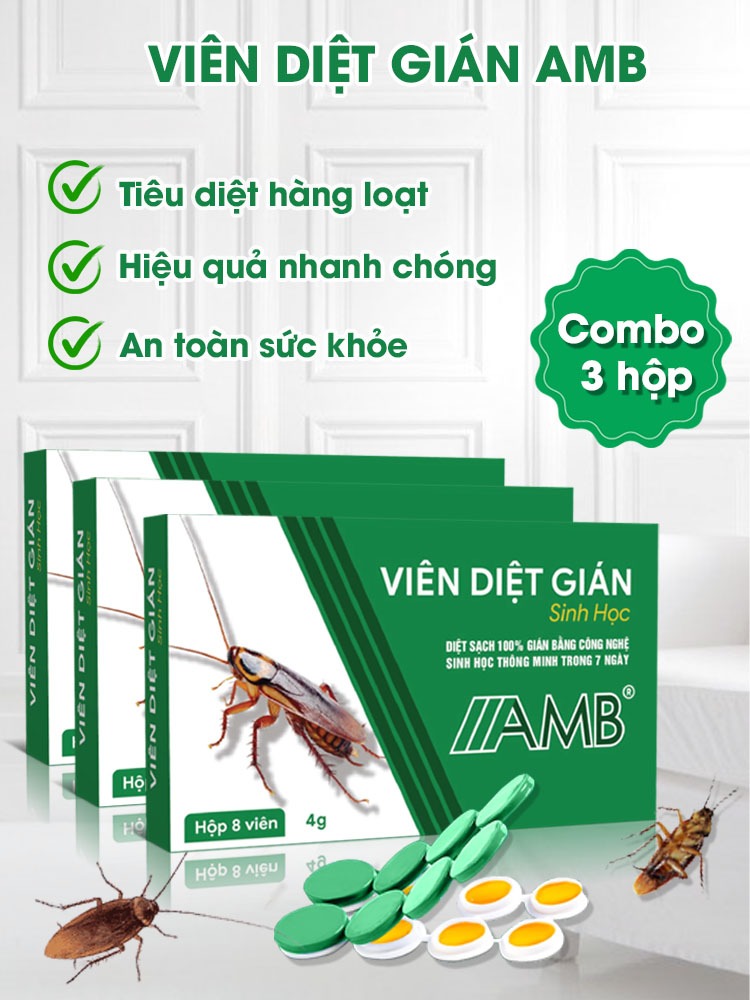 Combo 3 hộp viên diệt gián sinh học AMB, thuốc diệt gián Đức hiệu quả nhanh chóng, an toàn sức khỏe, hộp 8 viên