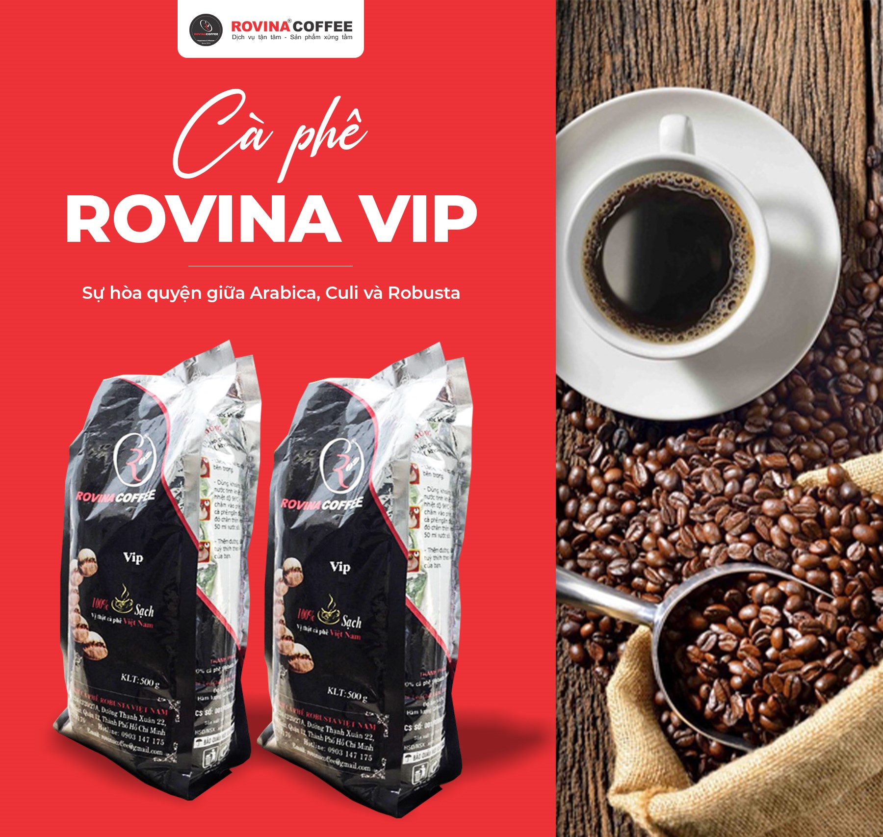 Cà Phê Rovina VIP Pha Phin - Gói 500gr ( Xay Sẵn) Mùi Vị Đặc Trưng Cân Bằng Phù Hợp Với Khách Hàng Thích Uống Cafe Có Mùi Thơm Quyến Rũ, Chua Nhẹ. Đúng Gu Âu