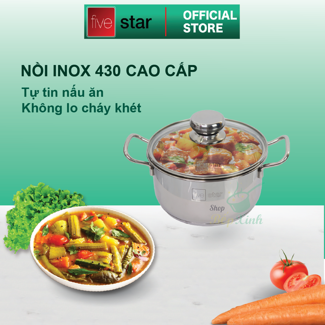 Bộ nồi inox và xửng hấp inox 430 cao cấp Fivestar Standard 4 món nắp kính tặng 2 muỗng canh