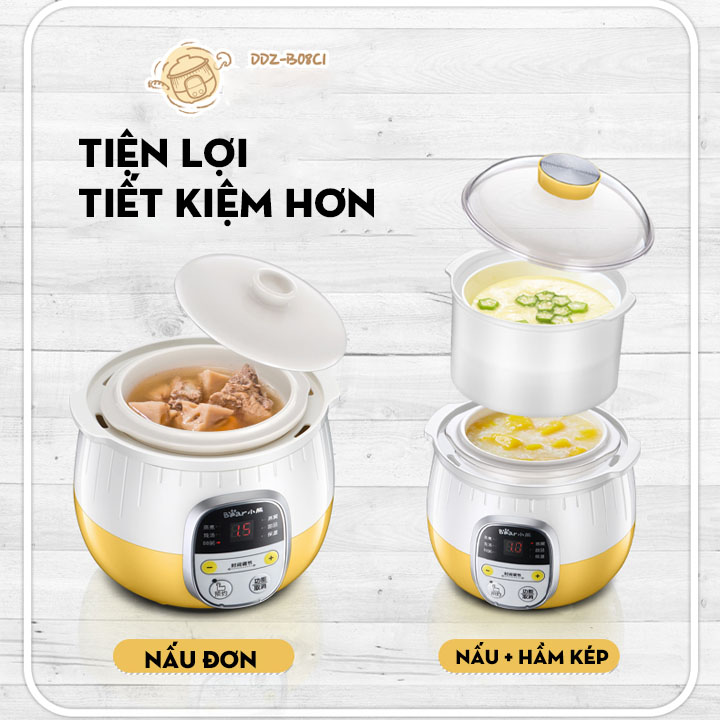 Nồi ninh hầm cách thủy đa năng Bear, tích hợp nhiều tính năng nấu nướng (Tặng kèm khay hấp) - Hàng chính hãng