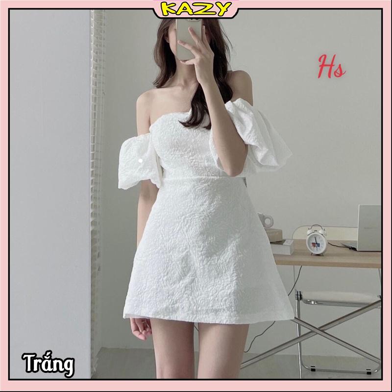 Váy trễ vai tay bồng, Váy xốp trắng trễ vai KAZY STORE V009