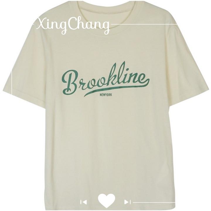 Áo thun nữ trắng dáng basic, áo thun công sở XingChang chất đẹp nữ tính in Brookline mã NXC28