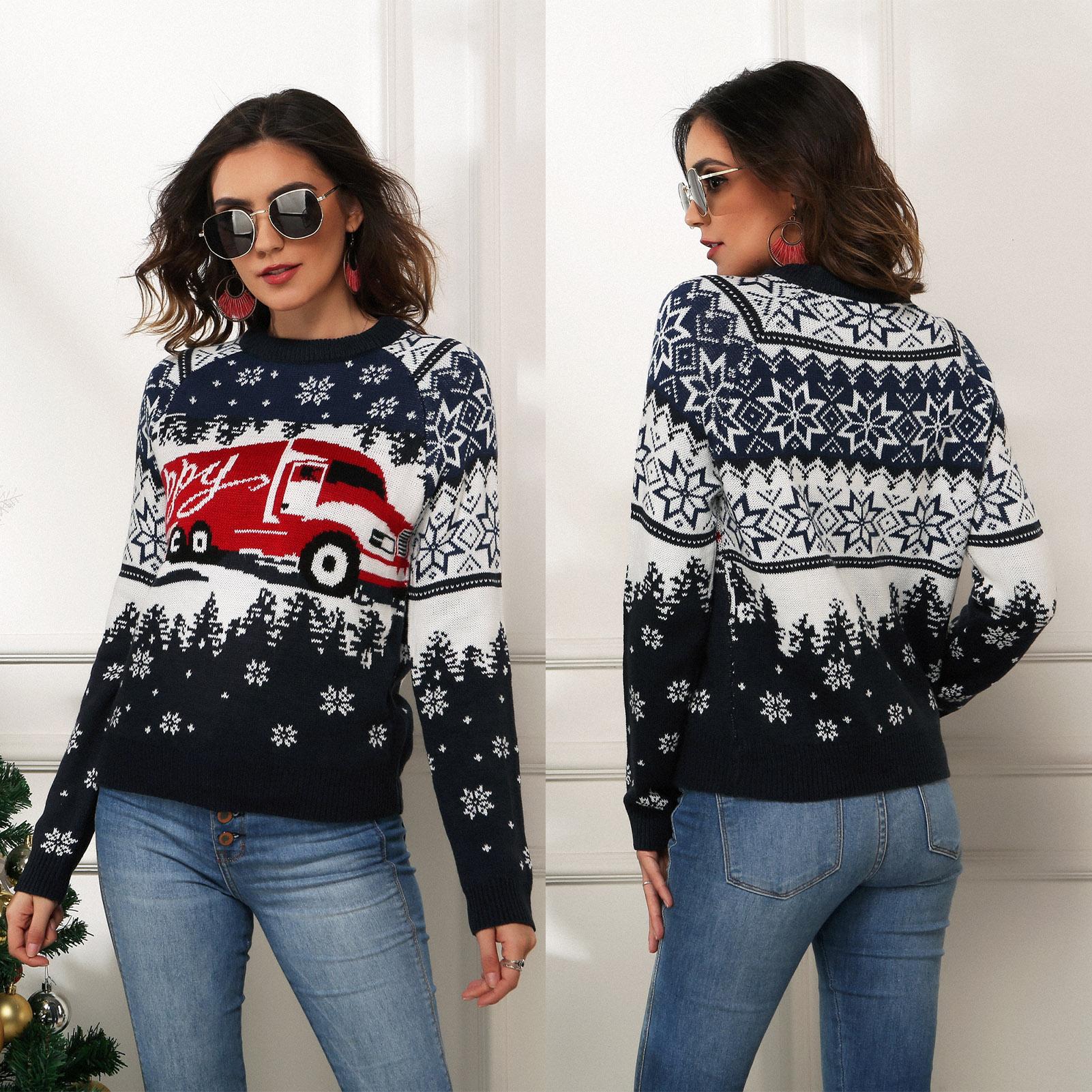 Women Christmas Sweater Cute Snowflake Pattern Xmas Knit Pullover O-Neck Long Sleeve Jumper Casual Holiday