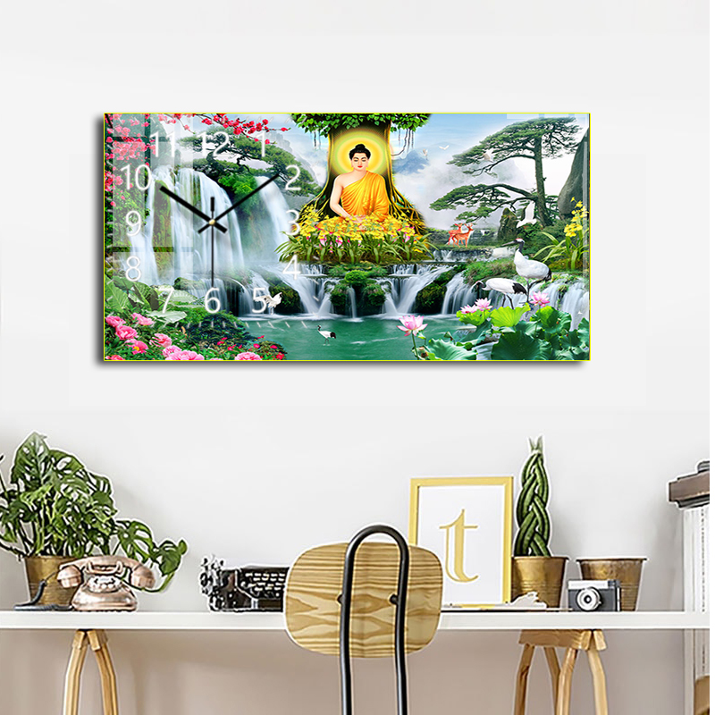 Đồng Hồ Kim Trôi Decor Tường Phật Giáo - Tranh Trang Trí Tráng Gương Đức Phật Ngồi Thiền Bên Hoa Sen