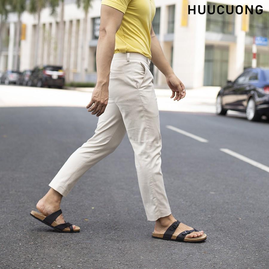 Dép unisex HuuCuong xỏ ngón da bò đen đế trấu handmade