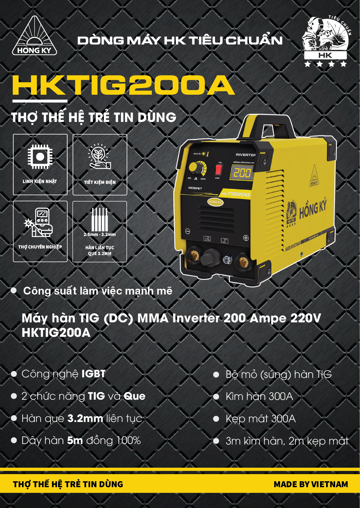 Máy hàn TIG Hồng Ký Inverter 200 Ampe 220V HKTIG200A