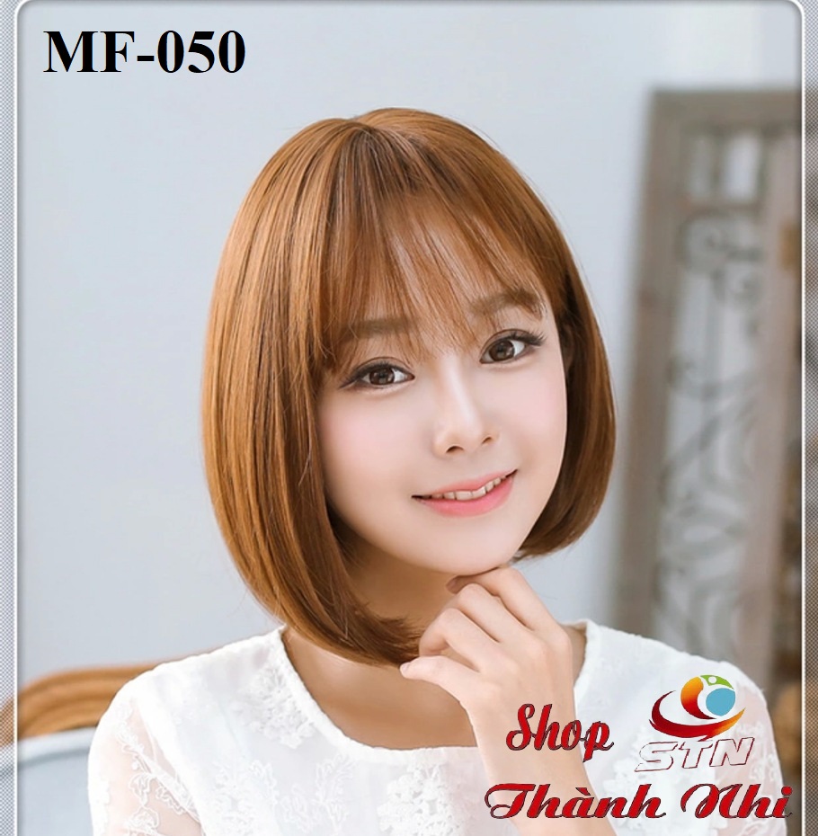Tóc giả nữ nguyên đầu hàn quốc, kiểu ngắn, mái thưa tặng kèm lưới trùm tóc, giống hình 90%, tóc tơ nhân tạo chịu nhiệt