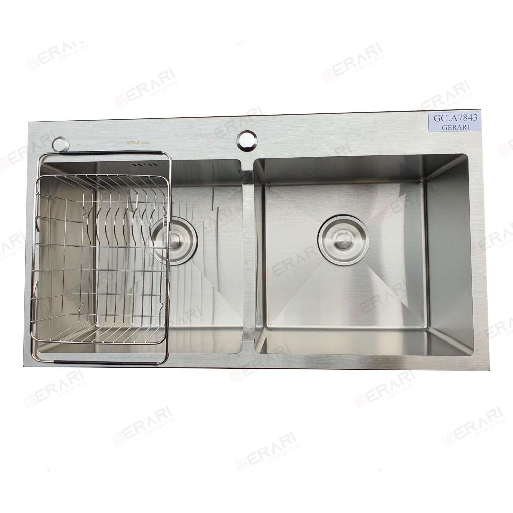 Chậu rửa 2 hố cân chất liệu inox 304 cao cấp. Phụ kiện đi kèm mã GC.A7843 thương hiệu Gerari